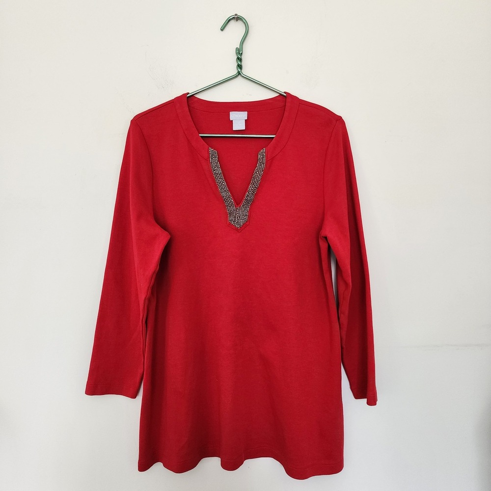 Chicos Red Pima Cotton Beaded Split V-Neck Long Sleeve Tunic Top Size 2 Large